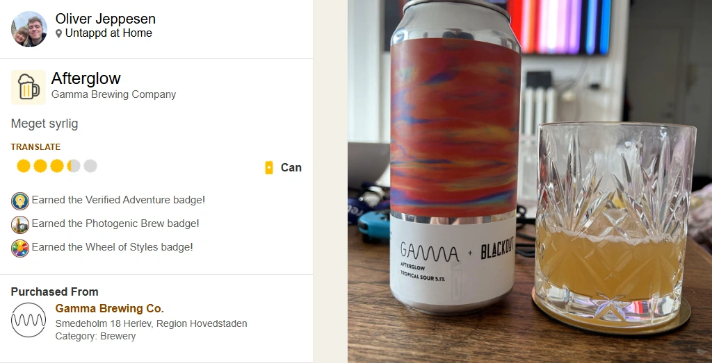 untappd anmeldelse af afterglow øl fra gamma brewing company